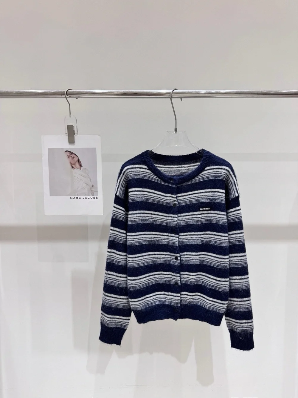 Miu Miu Navy and White Striped Button-Up Cardigan